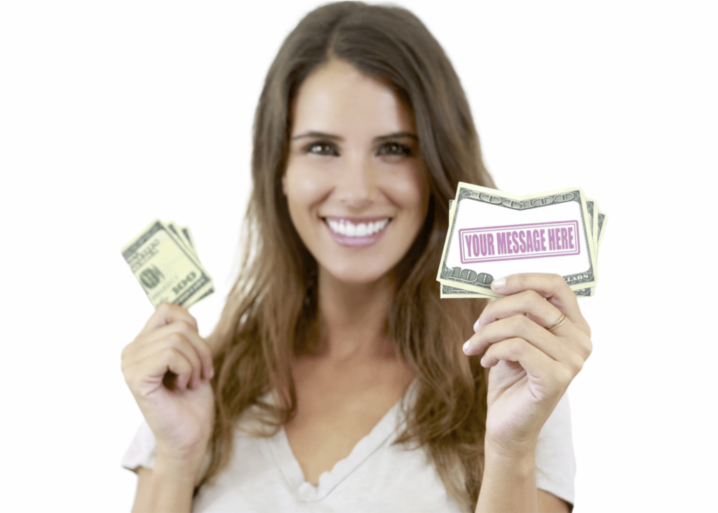Smiling woman holding a customizable Best Money Card and cash in the other hand, showing real-world card size.